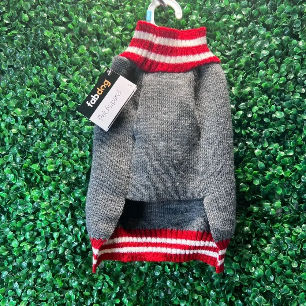 NWT Fab Dog Christmas Sweater HoHoHo Jingle Bell Gray Red White Stripes S